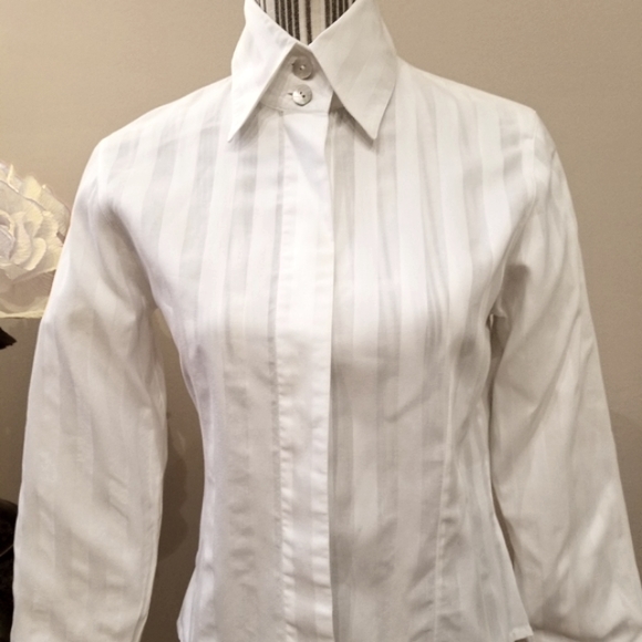 Anne Fontaine Classic White Alternating White Stripe Hidden Button Down Shirt - Picture 2 of 14